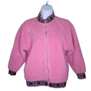 Vintage 90s Teddy Sherpa Full Zip Jacket Womens Size M Pink Aztec Fleece